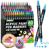 60 Colors Acrylic Paint Marker Dual Tip(Fine And Dot Tip), Paint Pens Acrylic Markers For Wood, Rock, Plastic, Glass, Ceramic, Canvas.Acrylic Markers Set For Diy Christmas Gifts And Art