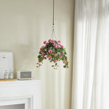 365 Blooming Decor 31.5"X 24" Artificial Hanging Pink Geranium-Lifelike Flowers With Durable Plastic Wicker Style Basket, Weather Resistant For Porch, Patio, Garden Decor, Adj. Branches, Easy Assembly