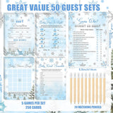321 Pcs Blue Snowflake Baby Shower Game Supply For Girl Or Boy 5 Set Include 50 Activity Card 20 Pencil 1 Don'T Say Baby Sign 50 Clothespin For Price Is Right Prediction Bingo Game Party Decor