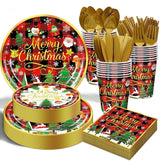 Christmas Party Decorations Supplies - 175 Pcs Merry Christmas Red Plaid Disposable Dinnerware Set Xmas Paper Plates And Napkins Sets With Cups Fork Knive Spoon For Holiday Party Supplies, Serve 25