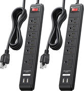 2 Pack 6 Outlet Surge Protector Power Strip with USB Ports 8FT Extension Cord Black
