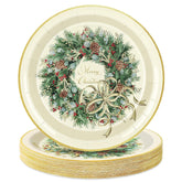 50Pcs Merry Christmas Paper Plates Xmas Wreath Disposable Plates 9 Inch Decorative Dinner Dessert Plates For Home Party Tableware Supplies