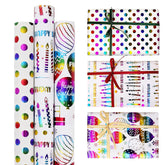 Happy Birthday Wrapping Paper Roll, 3 Pack Mini Rolls Gift Wrap Sheet, Rainbow Design With Polka Dots, Balloons & Candles On White Foil For Kids Presents, 17 Inch X 120 Inch (10 Feet)