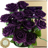 FiveSeasonStuff 12 Stems Artificial Flowers Real Touch Silk Roses for Wedding Decoration Bridal Bouquets Table Centerpieces Party Shower, Packed in Box (Mysterious Purple)