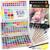 168 Colors Watercolor Paint Set Include Metallic Macaron Candy Fluorescent, 8 Synthetic Squirrel Painting Brushes, 25 Water Color Paper, Palette, Art Supplies Kit For Artist Adult Beginner With Box