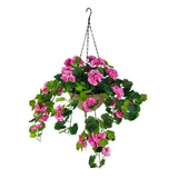 365 Blooming Decor 31.5"X 24" Artificial Hanging Pink Geranium-Lifelike Flowers With Durable Plastic Wicker Style Basket, Weather Resistant For Porch, Patio, Garden Decor, Adj. Branches, Easy Assembly
