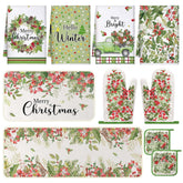 10 Pcs Winter Kitchen Decor Set Kitchen Towels And Rugs Oven Mitts Pot Holders Green Leaf Wreath Towels For Baking Cooking Bbq Gifts Home Decor