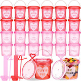 24 Pack 32Oz Valentine'S Day Buckets With Lids And Straws Heart Plastic Rum Buckets For Drinks And Ice Cream Reusable Food Containers With Handle Cocktail Cups For Bachelorette Party Wedding