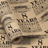 Kraft Birthday Wrapping Paper Roll, Mini Roll, Black Cheers 8 Years Design With Weeks, Days, Hours, Minutes Print, Vintage Gift Wrap For Boys Girls, 8Th Birthday Party, 17 Inches X 16.4 Feet