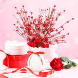 Valentine’S Day Picks, Artificial Berry Stems Heart Shaped Berry Picks With 2 Roll Ribbons Artificial Berries Branches For Valentine’S Day Mother’S Day Wedding Banquet Party Decor