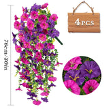 4 Pcs Fake Hanging Plants Artificial Flowers For Outdoors, Silk Petunia Faux Flowers Look Real Trailing Vines Uv Resistant Faux Plants For Home Planter Porch Patio(2 Rose Red+2 Purple)