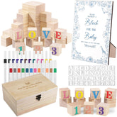 114Pcs Baby Shower Games Kit, 52 Blank Wooden Baby Shower Blocks 24 Acrylic Paint Marker 1 Wooden Sign 1 Storage Box And 36 Templates For Baby Shower Decorations
