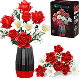 Roses Flower Bouquet Building Blocks With Vase, Valentines Day Gifts For Her Wife Him, 1077Pcs Botanical Collection Artificial Flower Birthday Gifts For Women Men Husband Mom Teen Girls Teacher Adults