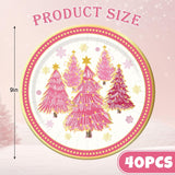40Pcs 9 Inch Christmas Plates Merry Christmas Disposable Paper Plates Gold Foil Pink Xmas Tree Party Plates For Holiday Party Dinner Tableware Supplies Decor