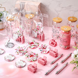 6 Set Baby Shower Game Prizes For Player Winners Tumblers With Lids Straws Mirrors Hair Scrunchies Pens Hair Clips Gift Bags For Baby Bridal Shower Wedding Game Favors(Pink Flower)