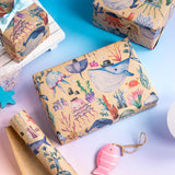 Baby Wrapping Paper Neutral Kraft Paper Roll, Mini Roll, Pirate Themed Ocean Design With Whales And Marine Organism, Ideal For Baby Shower And Birthday Party, 17 Inches X 16.4 Feet