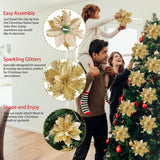 12 Pcs Glitter Poinsettia 5.5" Artificial Flowers Christmas With Clips Stems Xmas Tree Ornaments For New Year Party Stairs Fireplace Porch Balcony Garden Church Wreath Decoration (Golden)