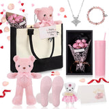 9 Pcs Valentine'S Day Gifts For Mom, Anniversary Birthday Gifts For Mother, Gift For Women Set Includes Tumbler Artificial Flower Bouquet Keychain Necklace Bracelet Tote Bag Sock Card(Pink)