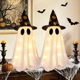 2 Pack Halloween Ghost Decorations, 21.7 Inch Lighted Halloween Decorations, Battery Operated Tabletop Ghost Decor with Witch Hats for Mantel Fireplace Table Entryway Indoor Party Office Home Decor