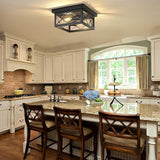 2 Light Farmhouse Flush Mount Ceiling Light Black Metal Cage with Clear Glass