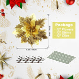 12 Pcs Poinsettia Artificial Christmas Flowers Decorations With Clips And Stems Glitter Christmas Poinsettia Decorations For Xmas Tree Ornaments Winter Party Wreath Decoration (Bright Golden)