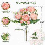 4 Packs Artificial Peony Flowers, 20 Heads & 16 Buds, Realistic Fake Silk Flowers For Home Decor, Wedding Bouquets Diy Crafts Includes 2 Ties & 1.8M Ribbon (Pink)