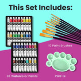 Watercolor Paint Set For Adults, Kids, Beginner & Professional Artists - 36 Watercolor Tubes Set (12Ml, 0.4Oz), 10 Painting Brushes & 1 Palette | Vibrant Water Color Art Painting Supplies
