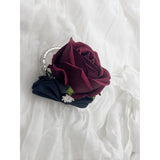 Ting & Cecilly Burgundy Rose Wrist Corsage Boutonniere Set Artificial Flower With Black Satin Ribbon Rhinestone Decor Handmade Silk Flower For Prom Wedding Party Suit Decor (Burgundy)