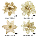 24Pcs Christmas Poinsettia Tree Decoration Glitter Gold Artificial Flowers With 24Pcs Clips Xmas Tree Flowers Ornaments Wreath Decor For Holiday Party New Year Home Outdoor Porch Garden