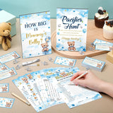 424 Pcs Blue Bear Baby Shower Games Supplies, 6 Sets 300 Activities Cards 1 Pacifier Hunt Sign 50 Acrylic Pacifiers 1 How Big Is Mommy'S Belly Sign 50 Guessing Card 2 Tapes 20 Pencils