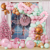 Gingerbread Balloon Arch 139Pcs Christmas Balloon Garland Arch Kit Pastel Pink Green Balloons Arch Kit With Pink Candy Cane, Candy, Gingerbread House Balloons For Xmas Holiday Party Decorations