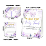 Guess The Baby Food Party Games, Baby Shower Game Set, 1 Standing Sign + 25 Answer Cards + 6 Number Cards, Purple Butterfly Gender Reveal Party Decorations Supplies -A02