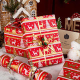 Kraft Christmas Wrapping Paper Roll, Red And Gold Wrapping Paper, Elegant Faux Sparkle Christmas Tree Reindeer Snowflake Pattern Red Gift Wrap For Holiday, Winter Solstice (17 Inch X 33 Feet)