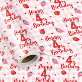 Happy 4Th Birthday Wrapping Paper Roll, Strawberry & Pink Gingham Gift Wrap For Girl’S Fourth Birthday Party, Toddler Age4 Decorations & Presents, Mini Roll 17 In X 16.4 Ft