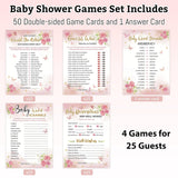 Baby Shower Games For Girl, 4 Fun Games For 25 Guests, Pink Floral Baby Shower Decorations, Who Knows Mommy Best, Guess Who Mommy Or Daddy, Word Scramble, Babies Descriptions & Well Wishes