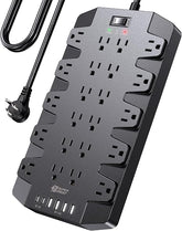 Surge Protector Power Strip 22 Outlets 6 USB Ports 2 USB C 2100J 6.5FT Extension Cord Black