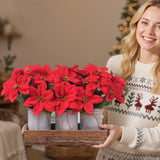Poinsettia Flowers Artificial Christmas Decorations – 3 Pack Red Poinsettias In Galvanized Metal Pots With Wooden Box, Christmas Centerpiece Table Decorations For Home, Gifts & Office Party