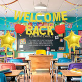 Welcome Back Banner With Gold Star Foil Balloons And Apple Cutouts – Classroom Welcome Sign For Back To School Decorations, Teacher Appreciation, And First Day Of School Party Supplies