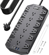Surge Protector Power Strip 18 Outlets 4 USB Ports 2100J 15FT Flat Plug Extension Cord Black