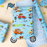 Blue Cars Wrapping Paper Rolls, Reversible Animal Race Car Gift Wrap Paper For Kids And Boys - 17 In X 16.4 Ft(23.3 Sqft) - Perfect For Baby Shower, Birthday, Party