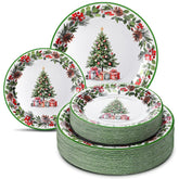 100 Pcs Christmas Party Plates Decorations Xmas Tree Collection Disposable Paper Berry Wreath Plates Set For Christmas Holiday Party Decor Serves 50 Guests