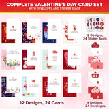 24 Pack 4X6In Valentine Cards For Adults & Kids With Envelopes And Stickers, 12 Assorted Designs Multipack For Family, Friends & Loved Ones, Printed Message - Hearts' Day, Gifting, Mailing