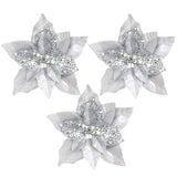 30 Pieces 8 Inches Large Christmas Artificial Poinsettia Flower Christmas Tree Glitter Faux Flowers Floral Wreath Garland Xmas Tree Ornaments For Wedding Holiday Wreath Diy (Silver)