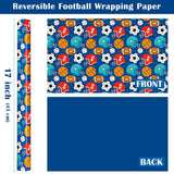 Reversible Football Wrapping Paper - Mini Roll - 17 Inch X 33 Feet - Ball Design With Solid Blue Design For Birthday, Holiday, Baby Shower