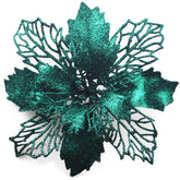 12 Pieces 6.3’’ Glitter Christmas Flowers Blackish Green Poinsettia Artificial Flower Christmas Tree Flowers Wreath Tree Ornaments With 12 Pcs Green Flower Stem