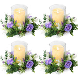 4 Pcs Purple Rose Candle Rings - Artificial Floral Wreaths With Eucalyptus Leaves Greenery Flower Wreaths For Pillar Farmhouse Wedding Centerpiece Party Home Decor