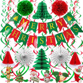 Merry Christmas Hanging Banner Pom Poms Paper Flower Fan Paper Christmas Tree Christmas Hat&Swirl Streamers For Merry Christmas Party Decorations