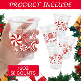50 Pcs 12Oz Christmas Plastic Cups,Red White Christmas Peppermint Candy Cane Disposable Clear Plastic Cups Juice Soda Beverage Party Favors For Merry Xmas Holiday Themed Decorations Supplies