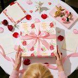 Valentines Wrapping Paper Roll, Pink With Red Rose & Gold “Happy Valentine’S Day” Lettering, Romantic Floral Gift Wrap For Wedding, Anniversary, Birthday, Party, Mini Roll 17In X 16.4 Ft