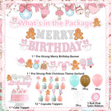 Pink Christmas Merry Birthday Party Decorations, Gingerbread Man Merry Birthday Banner, Cake Topper, Snowflake Balloons For Girls Gingerbread Christmas Decorations Pink Bow Xmas Party